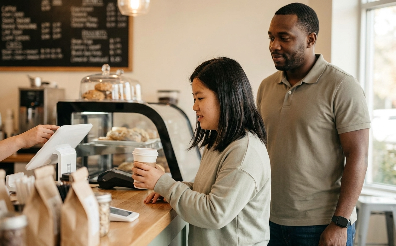 Illustration: support professional and client at a coffee shop