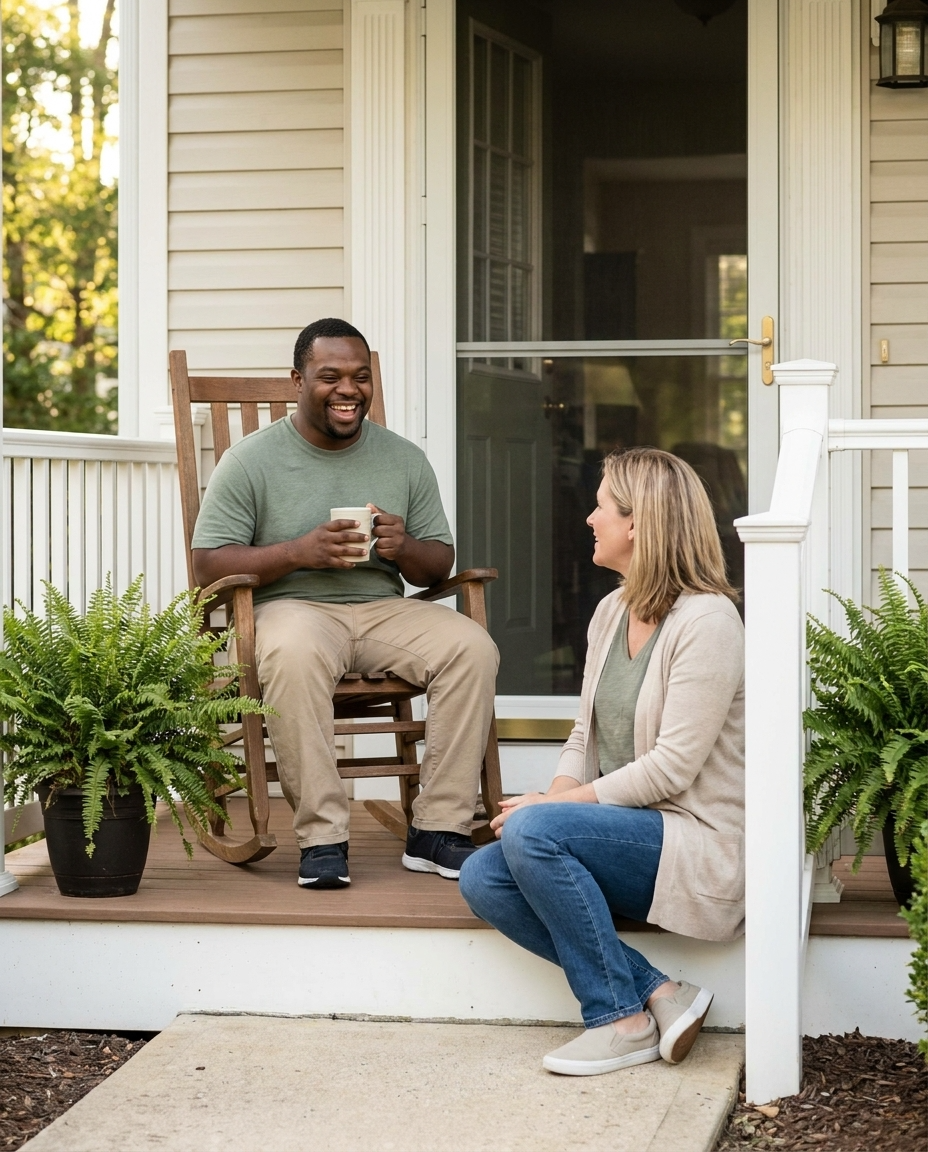 Illustration: resident and caregiver on a front porch