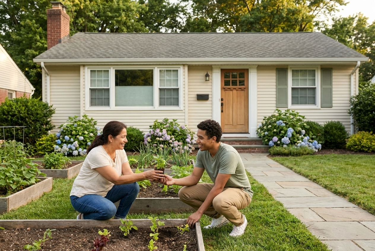 Illustration: group home exterior with garden